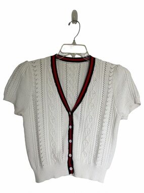 Cable Knit Crop Cardigan Sweater Puff Short Sleeves Preppy Collegiate L